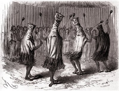Rituell dans av Ticuna-indianerna i Peru med förklädnader och masker av Edouard Riou