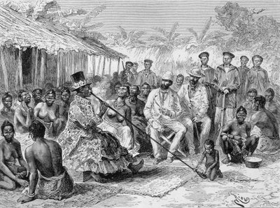 Savorgnan de Brazza palaver med Renoké, byledare i Västafrika - i ""Tour du Monde"", 2:a veckan 1887 av Edouard Riou