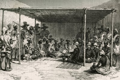 Undertecknande av fördraget som placerade landet Kita (fd franska Sudan, nuvarande Mali) under Frankrikes protektorat den 25 april 1880 mellan befälhavare Joseph Gallieni (1849-1916) och Tokontan Keita. Gravyr av Riou, baserad på en skiss av au av Edouard Riou