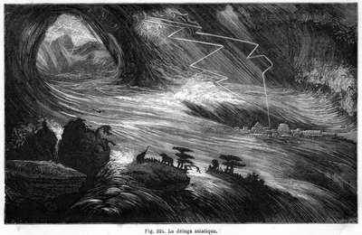 Den asiatiska syndafloden: en katastrof som kan ha inspirerat syndfloden som beskrivs i Bibeln: från Louis Figuiers bok "" La Terre avant le deluge "", utgåva Hachette 1872 av Edouard Riou