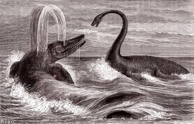 Ichtyosaurus och Plesiosaurus av Edouard Riou