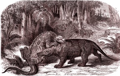 Iguanodon och megalosaurus (gravyr) av Edouard Riou