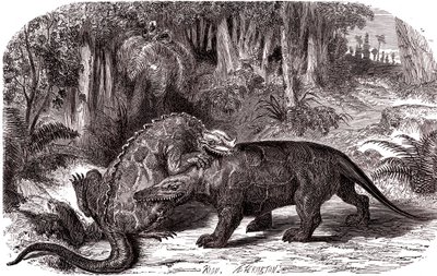Iguanodon och Megalosaurus av Edouard Riou