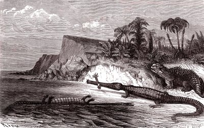 Teleosaurus och Hyleosaurus av Edouard Riou