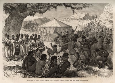 Expeditionens band lockar kvinnor och barn i byn Fatiko (Centralafrikanska republiken) och framkallar en passionerad förlust av dans, graverad efter en teckning av E.Riou som illustrerar en expedition i Centralafrika, för att förtrycka av Edouard Riou