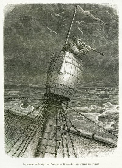 Båtens urpipa Proven, teckning av Riou, för att illustrera historien om professor Nils Adolf Erik (Eric) Baron Nordenskjold (Nordenskiold) (1832-1901): Svensk polarexpedition, 1875. Gravyr i Le tour du monde av Edouard Riou