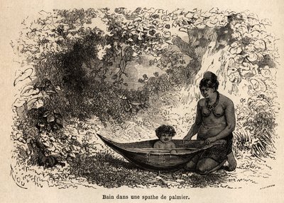 Barnets bad i ett palmblad. Ritning av Riou, för att illustrera resan från Stilla havet till Atlanten av Edouard Riou