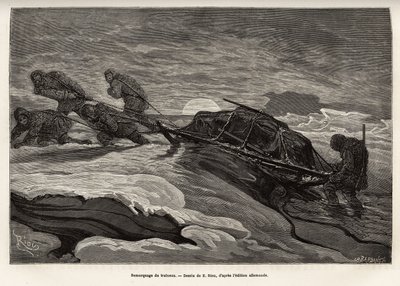 Besättningen på fartyget La Germania, som gick ner på isen för ett jaktspel, fortsatte att bogsera sin släde på isen, när solen går ner, graverade efter teckningen av E.Riou, som illustrerar en resa till Nordpolen 1869- 1870 av kaptenen på fartyget La av Edouard Riou