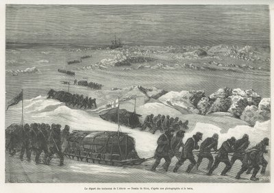 Avgången av Alert-slädarna, polarexpeditionens skepp, teckning av Riou, för att illustrera historien om en resa till polarhavet 1875-1876, av kapten G.S.Nares. Gravyr i Le tour du monde av Edouard Riou