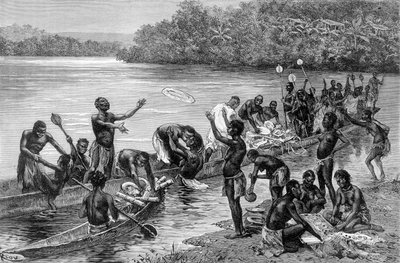 De olika aktiviteterna för stammen i byn Adouma i Afrika. I "" Journey in the West African "" av Brazza av Edouard Riou