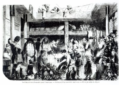 Kvällen före avresan till Amerika - tyska emigranter på väg till USA i styrhytten på ett amerikanskt passagerarfartyg i hamnen i Le Havre, ca 1850 av Edouard Riou