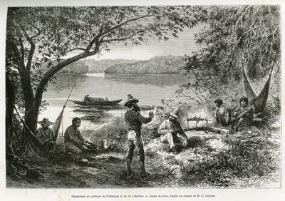 Upptäckarlägret, vid sammanflödet av Orenoque och floden Cabullero. Gravyr av Riou, för att illustrera utforskandets resa genom Nya Granada och Venezuela, av Doktor Crevaux, förstklassig läkare vid flottan och E.Lejeanne, marin pharma av Edouard Riou