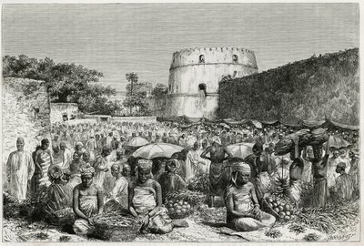 Fruktmarknaden i Zanzibar (Tanzania). Gravyr av Riou, för att illustrera berättelsen "" Resan till Benadir, Omalis och Bayoun"", 1882-1883, av M.G.Revoil. Publicerad i Le Tour du monde, nouveau journal des voyages av Edouard Riou