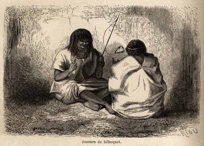 Spelet bilboquet, med ett sköldpaddshuvud, bland Conibos-indianerna i Peru, teckning av Riou för att illustrera P. Marcoys resa, från 1848 till 1860, från Stilla havet till Atlanten. Gravyr i "" Le tour du monde"", redigerad av Edoua av Edouard Riou