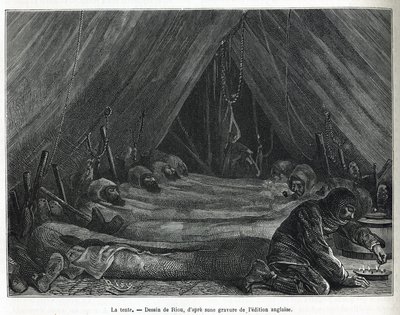 Insidan av tältet på isflaket, teckning av Riou, för att illustrera historien om en resa till polarhavet 1875-1876, av kapten G.SNares (1831-1915). Gravyr i Le tour du monde av Edouard Riou