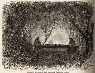 Tillverkning av en kanot, evakuerad genom eld, av Conibo-indianerna i Peru, teckning av Riou för att illustrera P. Marcoys resa, från 1848 till 1860, från Stilla havet till Atlanten. Gravyr i "" Le tour du monde", redigerad av Edouard Cha av Edouard Riou