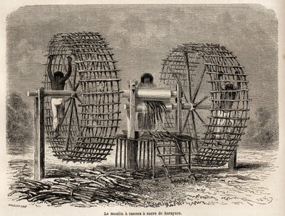 Kvarnen för att mala sockerrör från Sarayacu (Peru), teckning av Riou, för att illustrera Paul Marcoys resa från Stilla havet till Atlanten från 1848 till 1860. Gravyr i "" Le tour du monde", redigerad av Edouard Charton av Edouard Riou