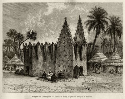 Moskén i Lokhognile (Guineebukten). Gravyr av Riou, för att illustrera historien "" Från Niger till Guineebukten"" av kapten Louis Gustave Binger (1856-1936), 1887-1889, i Le tour du monde, nouveau journal des voyages, under ledning av av Edouard Riou