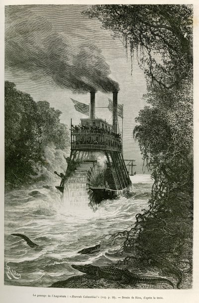 Passagen av Angostura (Colombia), av expeditionens ångbåt, teckning av E.Riou, för att illustrera resan till dagjämningstidens Amerika (Colombia, Ecuador, Peru), 1875-1876, av Edouard Andre (1833-1894) , resenär som ålagts ett uppdrag av Fr av Edouard Riou