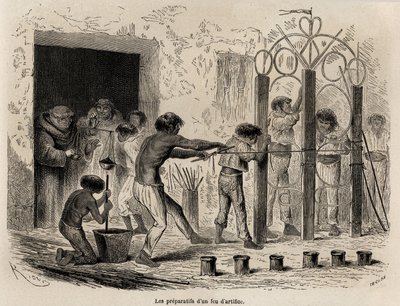 Förberedelse av fyrverkerier i Sarayacu (Peru), teckning av Riou, för att illustrera Paul Marcoys resa från Stilla havet till Atlanten från 1848 till 1860. Gravyr i "" Le tour du monde"", redigerad av Edouard Charton av Edouard Riou