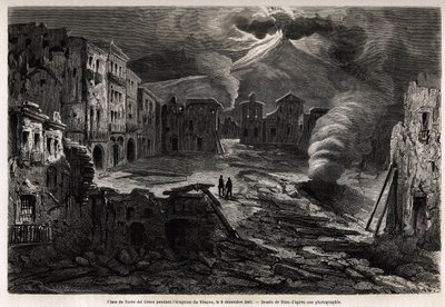 Torget i Torre del Greco, under Vesuvens utbrott, 8 december 1861, ritning av Riou, för att illustrera promenaderna runt Neapel av Marc Monnier, 1862. Gravyr i "" Le tour du monde"", redigerad av Edouard Charton av Edouard Riou