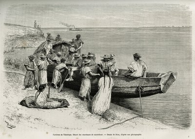 Starten för gummiforskare, i närheten av Tabatinga (övre Amazonasregionen). Gravyr av Riou, för att illustrera historien om Cayenne aux Andes, av Jules Crevaux, läkare vid den franska flottan, 1878-1879, publicerad i Tour du monde, under regi av Edouard Riou