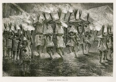 Fackelvandringen genom San Joses gator, ritad av E.Riou, för att illustrera resan i Titicaca-regionen och dalarna i östra Nedre Peru, 1873 av Paul Marcoy. Gravyr i Le tour du monde av Edouard Riou