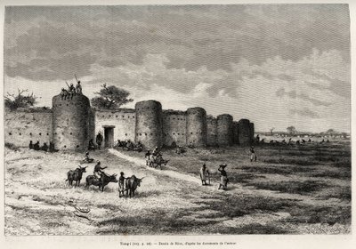 Staden Tiong-Gi (Tiong Gi, Mali), med sina befästningar och lertorn. Gravyr av Riou, för att illustrera historien ""Från Niger till Guineebukten"" av kapten Louis Gustave Binger (1856-1936), 1887-1889, i Le tour du monde, nouveau journal av Edouard Riou