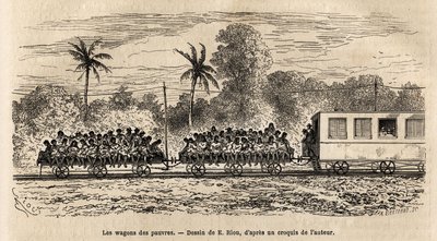 Vagnen för de fattiga av de paraguayanska tågen, enkla plattformar fästa vid tågens bakkant på vilka passagerare staplas på varandra efter avgången från Assumption-stationen, gravering efter ritningen av E.Riou, som illustrerar resan till P av Edouard Riou