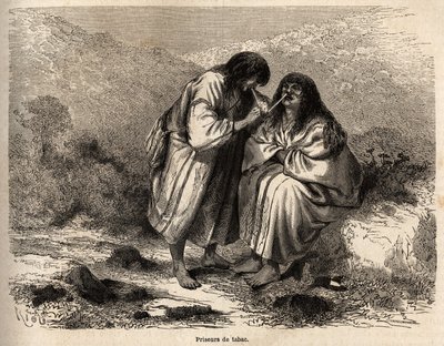 Tobaksauktioner, smink enligt traditionen hos Antis-stammen (Peru), teckning av Riou, som illustrerar Paul Marcoys resa från Stilla havet till Atlanten från 1848 till 1860. Gravyr i "" Le tour du monde"", redigerad av Edouard av Edouard Riou