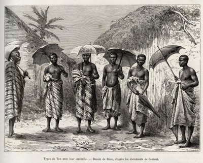 Tontyp med sitt paraply. Gravyr av Riou, för att illustrera berättelsen "" Från Niger till Guineabukten"" av kapten Louis Gustave Binger (1856-1936), 1887-1889, i Le tour du monde, nouveau journal des voyages, under ledning av Edouard Char av Edouard Riou