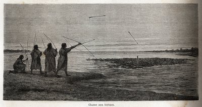 Sköldpaddsjakt, bland indiska conibos i Peru, teckning av Riou för att illustrera P. Marcoys resa från 1848 till 1860, från Stilla havet till Atlanten. Gravyr i "" Le tour du monde"", redigerad av Edouard Charton av Edouard Riou