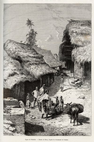 Typer av Pakhala (Elfenbenskusten). Gravyr av Riou, för att illustrera historien "" Från Niger till Guineebukten"" av kapten Louis Gustave Binger (1856-1936), 1887-1889, i Le tour du monde, nouveau journal des voyages, under ledning av Edouard Cha av Edouard Riou