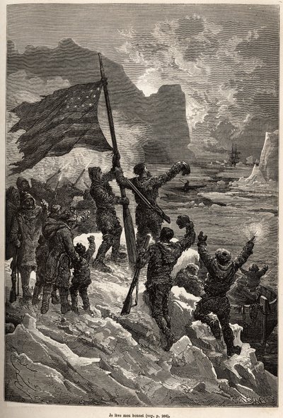 Tysons besättning, efter flera dagars drivande på ett isberg, såg äntligen en valfångare och viftade med den amerikanska flaggan för att ses och räddas, graverad efter en teckning av E.Riou, som illustrerar historien om Polaris, isflotten, av löjtnant Tyso av Edouard Riou