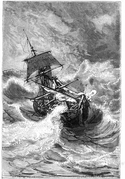 vinjett av Jules Vernes bok "The Children of Captain Grant, Journey Around the World", 1867 av Edouard Riou