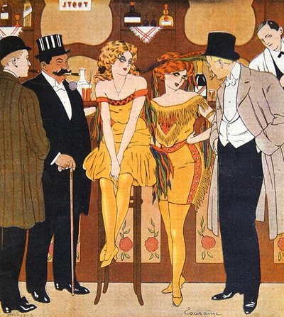 Karikatyr av prostituerade med sina kunder, från 