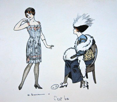 Skyltdocka som visar en lapp till en kund, ca 1912 (färg litho) av Edouard Touraine