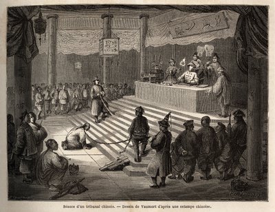 En kinesisk domstol, den anklagade uppträder vid domstolen omgiven av en gendarm som håller honom kedjad och hans slaktare, teckning av Vaumort (? -1886), för att illustrera resan från Shanghai till Moskva, från 1859 till 1862, av M. de Bourboulon. , frans av Edouard Vaumort