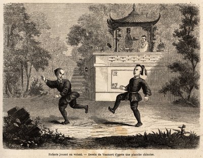 Kinesiska barn som leker vid ratten (läderboll, tungmetallringar och implanterade 3 långa fjädrar), under överinseende av sin mor, ritning av Vaumort (? -1886), för att illustrera resan från Shanghai till Moskva, från 1859 till 1862, av M. de Bourb av Edouard Vaumort