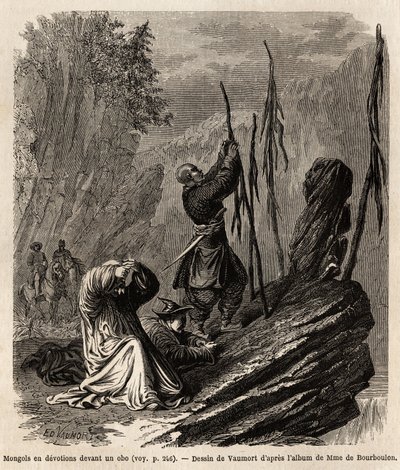 Mongoler i hängivenhet till en obo, nära bergen i Bakka och Mongoliet, teckning av Vaumort (? -1886) för att illustrera resan från Shanghai till Moskva, från 1859 till 1862, av M. de Bourboulon, fransk minister till Kina. Gravyr i "" Le tour du monde", red av Edouard Vaumort