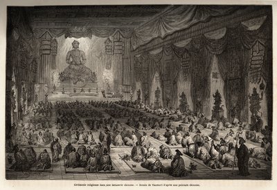 Religiös ceremoni i ett kinesiskt lamasserie, teckning av Vaumort (? -1886), för att illustrera resan från Shanghai till Moskva, från 1859 till 1862, för M. de Bourboulon, fransk minister i Kina. Gravyr i "" Le tour du monde"", redigerad av Edouard Charton av Edouard Vaumort