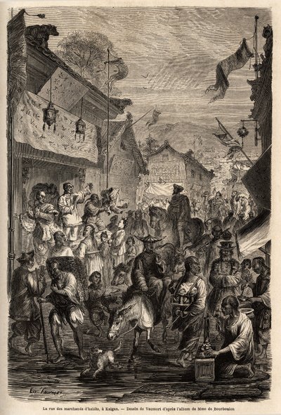 Klädhandlarnas gata, Kalgan, Mongoliet. Teckning av Vaumort (? -1886), för att illustrera resan från Shanghai till Moskva, från 1859 till 1862, av M. de Bourboulon, fransk minister till Kina. Gravyr i "" Le tour du monde"", redigerad av Edouard Chart av Edouard Vaumort