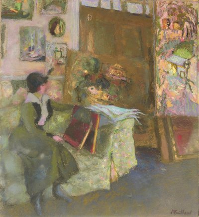 Modellera på en grön soffa; Le modele au divan vert, 1915 av Edouard Vuillard