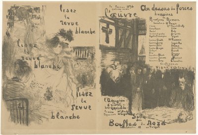 Omslagsprogramhäfte med reklam för La Revue Blanche och tillkännagivande av pjäsen Au-dessus des forces humaines Lisez la revue blanche Au-dessus des forces humaines av Edouard Vuillard