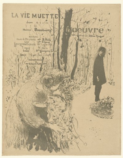 Omslag till programhäfte med kvinna med två barn och man i parken för lek La vie muette med lista över roller och skådespelare La vie muette av Edouard Vuillard