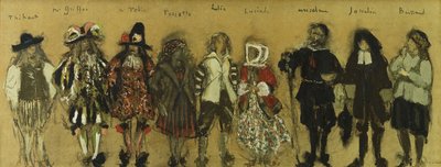 Studie för kostymer för nio skådespelare i "La Coupe Enchantee" för Jean de la Fountaine; Costume Studies for the Nine Characters of the Enchanted Cup av Jean de la Fontaine, 1918 av Edouard Vuillard