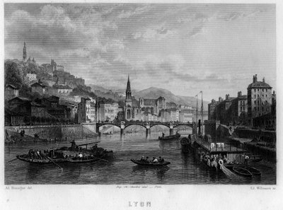Utsikt över staden Lyon, Rhone-departementet, Rhone-Alpes-regionen, Frankrike. Gravyr av Willmann i "La France ancienne et moderne"" av Jean-Bernard Mary-Lafon (Jean Bernard Mary Lafon) av Edouard Willmann