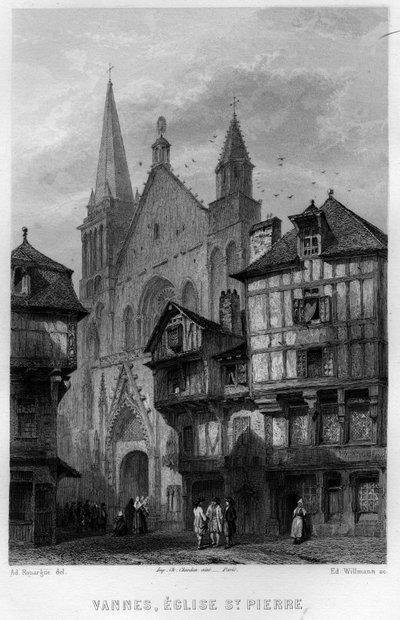 Utsikt över staden Vannes och kyrkan Saint Pierre, Morbihan, Bretagne, Frankrike. Gravyr av Willmann i "La France ancienne et moderne"" av Jean-Bernard Mary-Lafon (Jean Bernard Mary Lafon) av Edouard Willmann