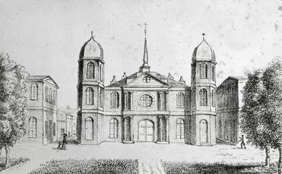 New Orleans kyrka, USA, litografi av Edouard de Montule (1792-1828) från Voyage to America, Italien, Sicilien och Egypten av Edouard de Montule