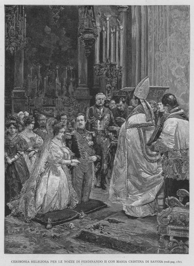 Religiös ceremoni för Ferdinand II:s bröllop med Maria Cristina av Savojen (gravyr) av Edouardo Matania